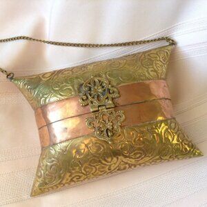 Vintage Pillow Purse Evening Bag Brass & Copper Velvet Lining